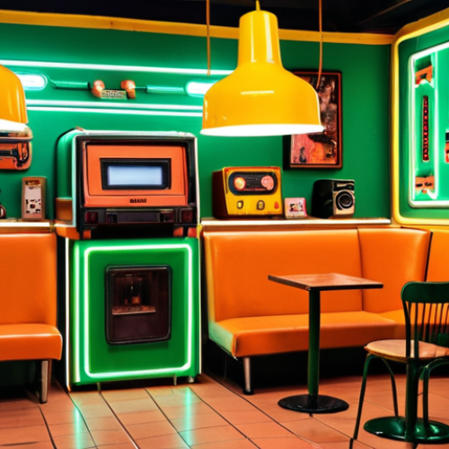 **Image Prompt:** A vibrant, retro-futuristic Vietnamese cafe interior. Use a color palette of burnt orange, forest green, and mustard yellow accented with neon. Incorporate vintage furniture like refurbished wooden chairs and metal lamps alongside modern acrylic elements. Display retro Vietnamese fonts on signage. In the background, vintage cassette tapes and old video game consoles are subtly placed. The overall lighting is warm and inviting with neon highlights. Aim for a nostalgic yet modern vibe.