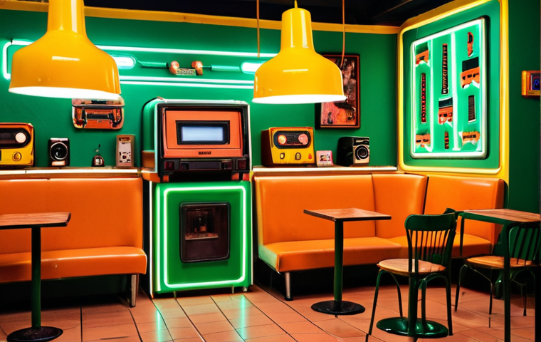 **Image Prompt:** A vibrant, retro-futuristic Vietnamese cafe interior. Use a color palette of burnt orange, forest green, and mustard yellow accented with neon. Incorporate vintage furniture like refurbished wooden chairs and metal lamps alongside modern acrylic elements. Display retro Vietnamese fonts on signage. In the background, vintage cassette tapes and old video game consoles are subtly placed. The overall lighting is warm and inviting with neon highlights. Aim for a nostalgic yet modern vibe.
