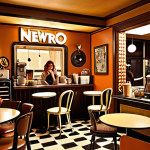 A Newtro Cafe Scene**

"A stylish Newtro cafe interior. Vintage furniture mixed with modern design. Warm lighting, earth tones, and retro decorative items like old vinyl records. Patrons enjoying coffee."

**