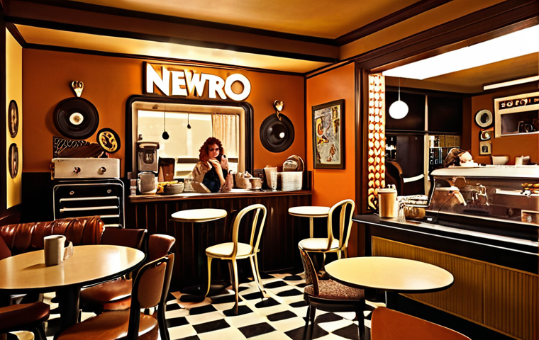 A Newtro Cafe Scene**
"A stylish Newtro cafe interior. Vintage furniture mixed with modern design. Warm lighting, earth tones, and retro decorative items like old vinyl records. Patrons enjoying coffee."
**
