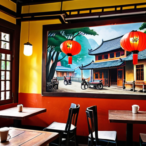 **

"Cozy Vietnamese coffee shop interior. Newtro style. Vintage wooden furniture, paper lanterns, mural of a traditional Vietnamese village scene. Warm, nostalgic atmosphere."

**