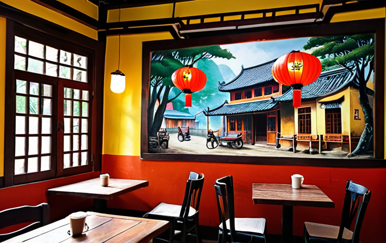**
"Cozy Vietnamese coffee shop interior. Newtro style. Vintage wooden furniture, paper lanterns, mural of a traditional Vietnamese village scene. Warm, nostalgic atmosphere."
**